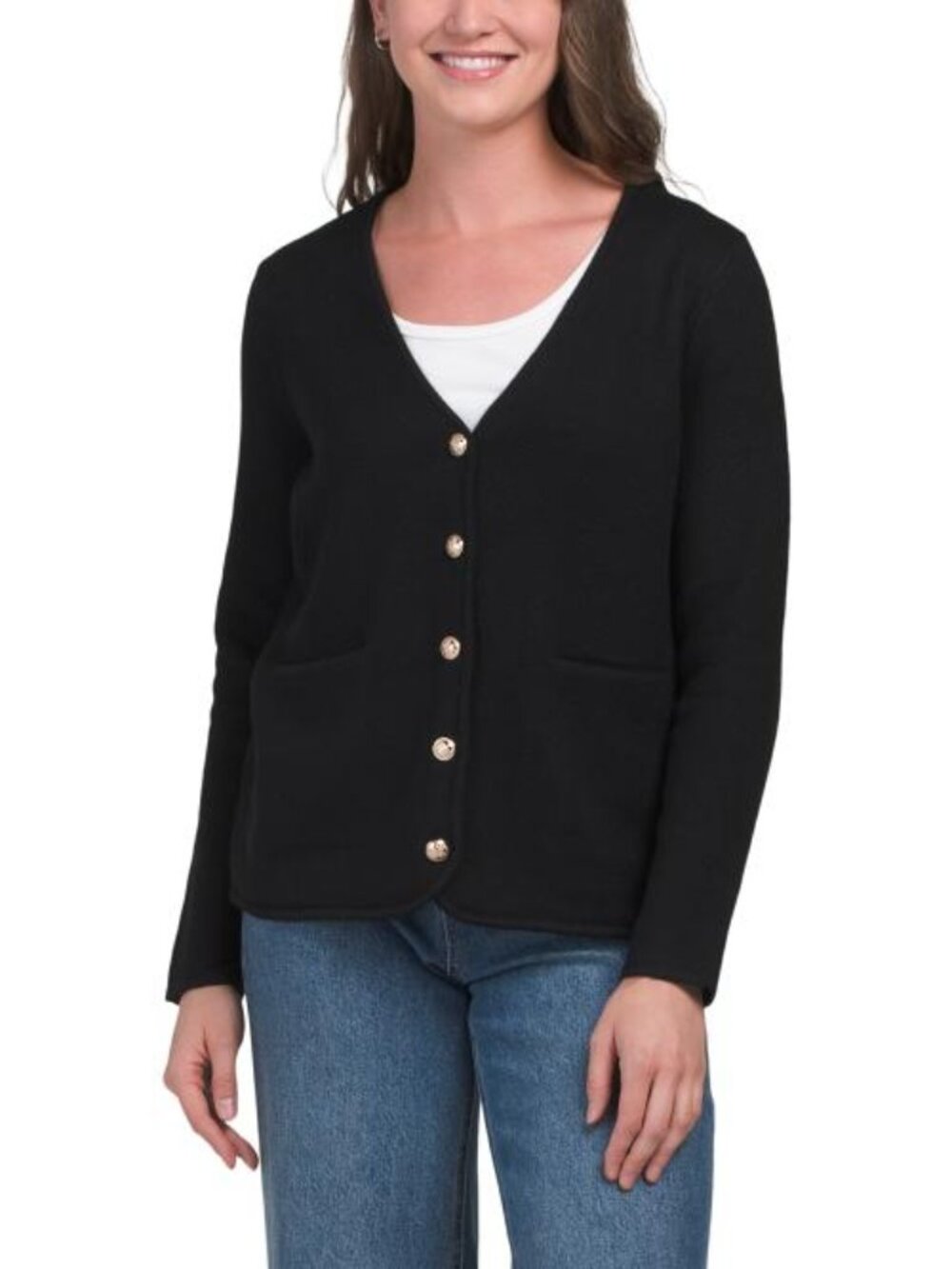 RACHEL ZOE V-neck Long Sleeve Button Front Cardigan With Slit Pockets